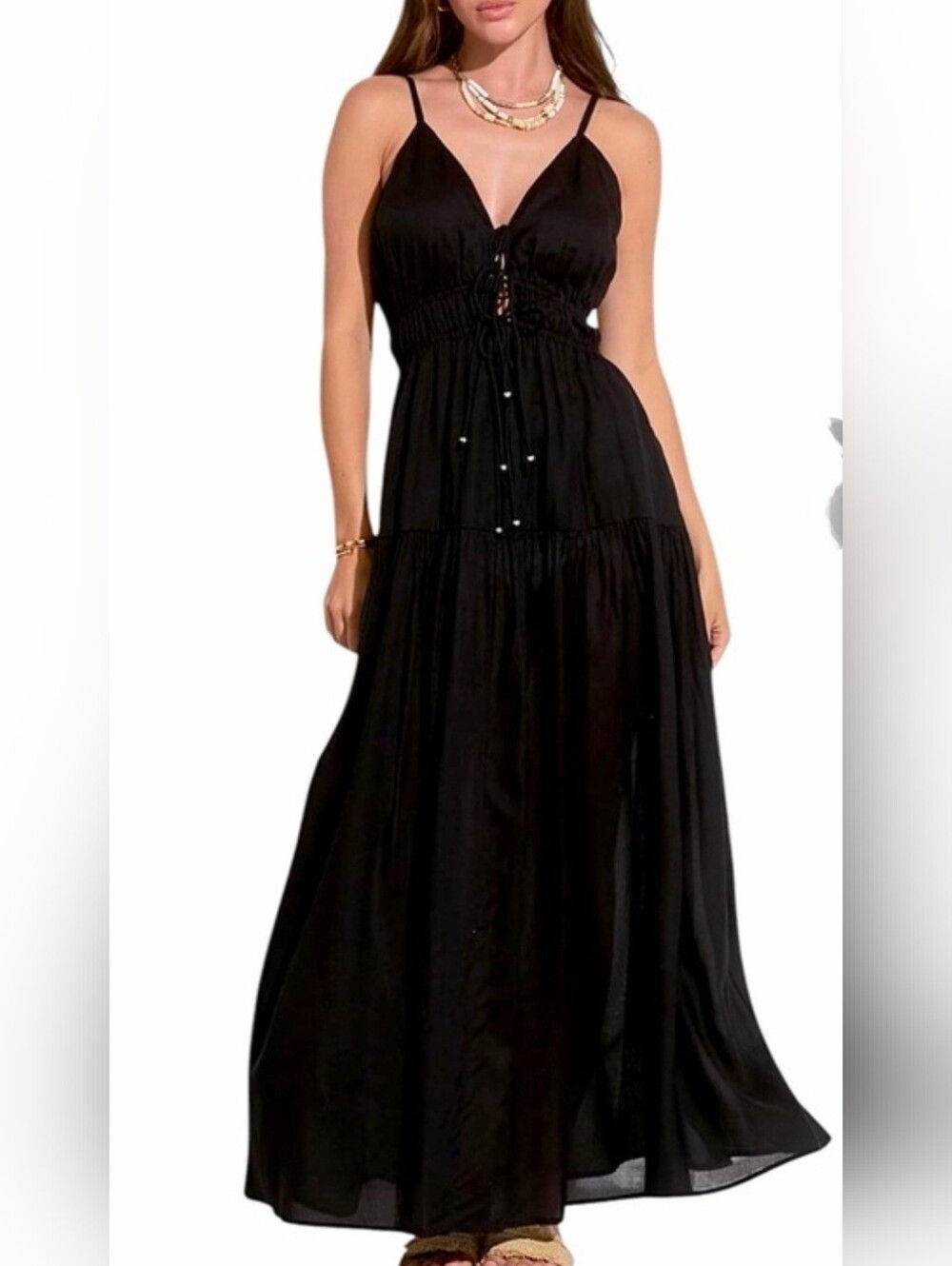 Elan Black Spaghetti-Strap Cover-Up Maxi Dress - Tie Front Cover-Up Sz M